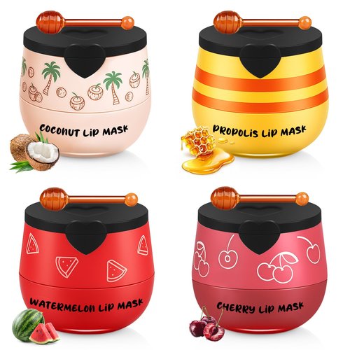 TEIHWAL 4PCS Bee Lip Balm Honey Pot Cherry Watermelon Coconut Honey Lip Balm, Moisturizing Sleeping Lip Mask Overnight, Prevention Dry and Cracked Lips
