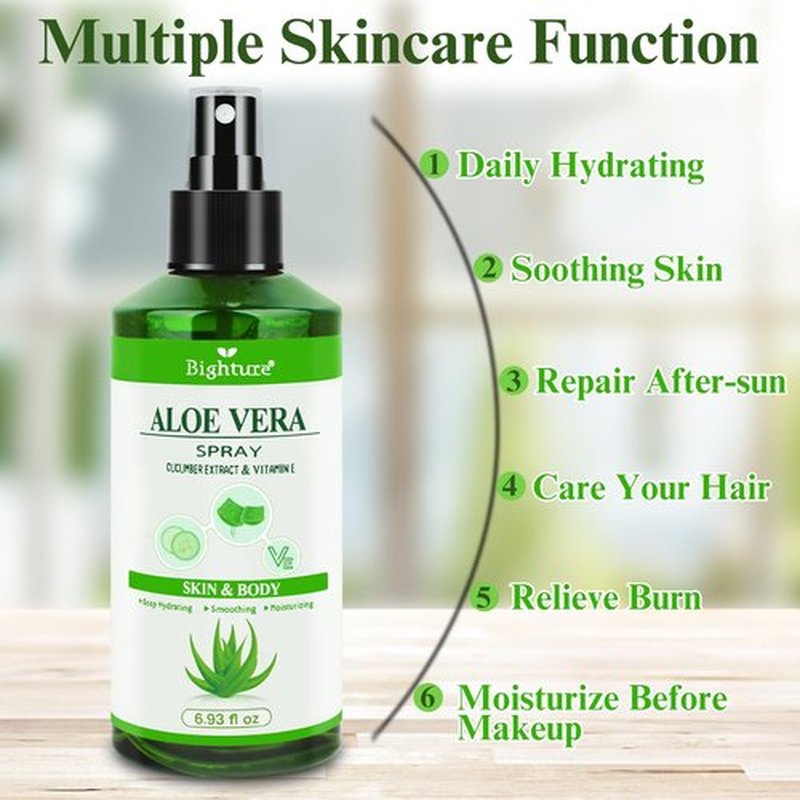 BIGHTURE Aloe Vera Spray from Freshly Cut Pure Aloe, Aloe Vera for Skin& Hair, Aloe Vera Spray for Sunburn Relief, 6.93oz, Absorbs Rapidly, Infused wirh Cucumber Essence