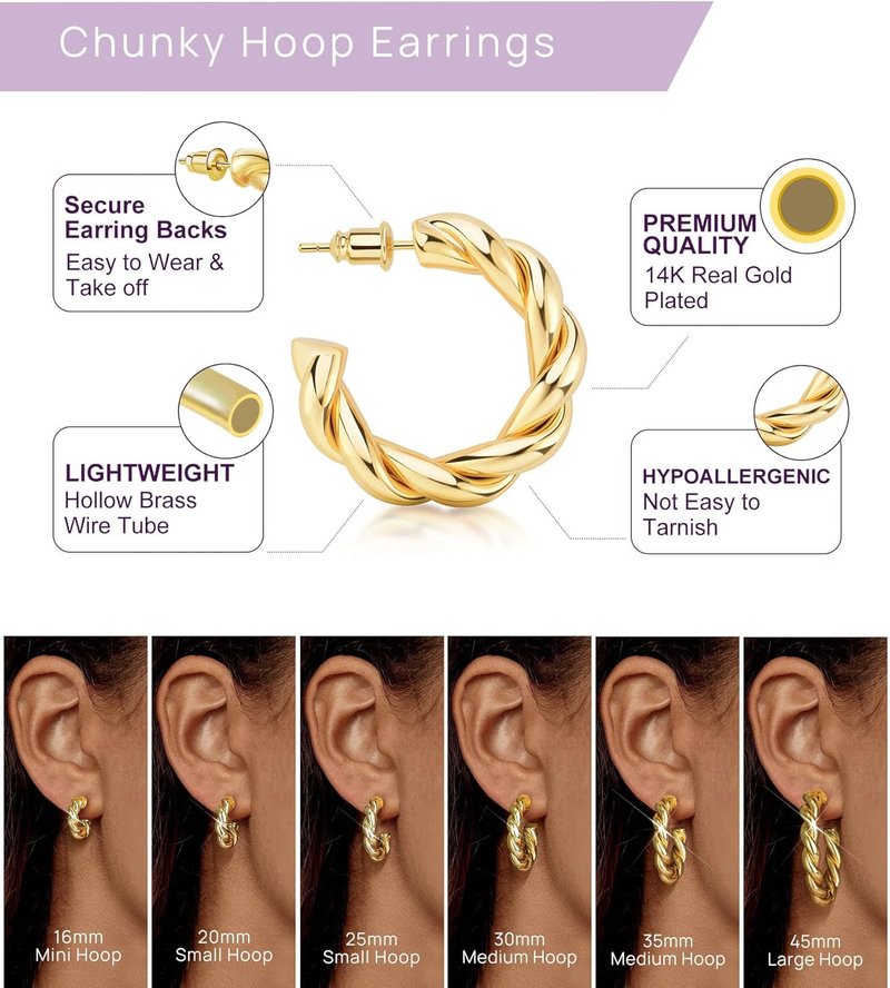 Wowshow Gold Hoop Earrings - 14K Gold Plated Chunky Small Hoops for Women | Lightweight Jewelry Gifts (14/20/30/35/45MM)