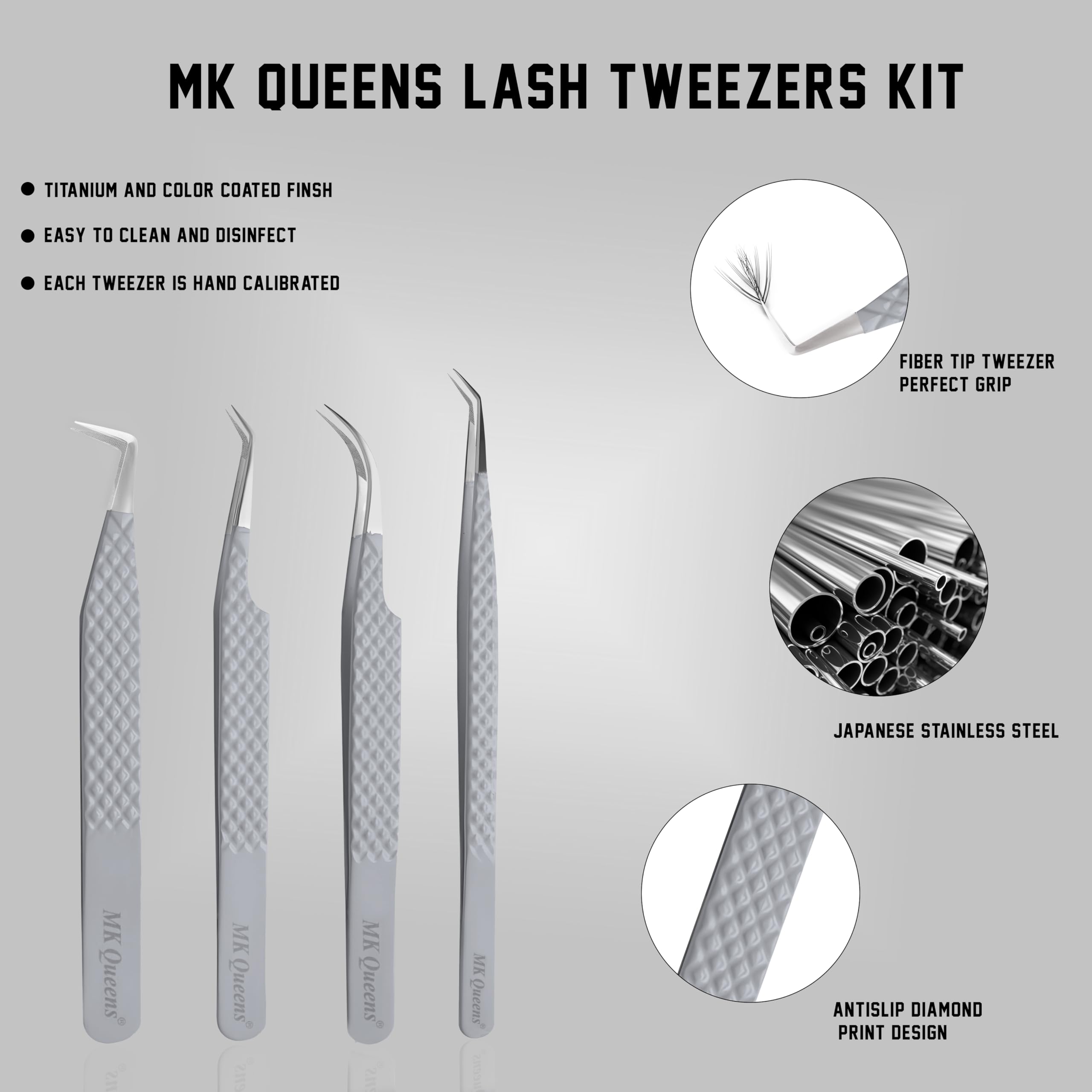 MK Queens Lash Tweezers - Stainless Steel Fiber Tip Eyelash Tweezers (Set of 4) - Diamond Grip Professional Lash Tweezers for Eyelash Extensions (Grey)