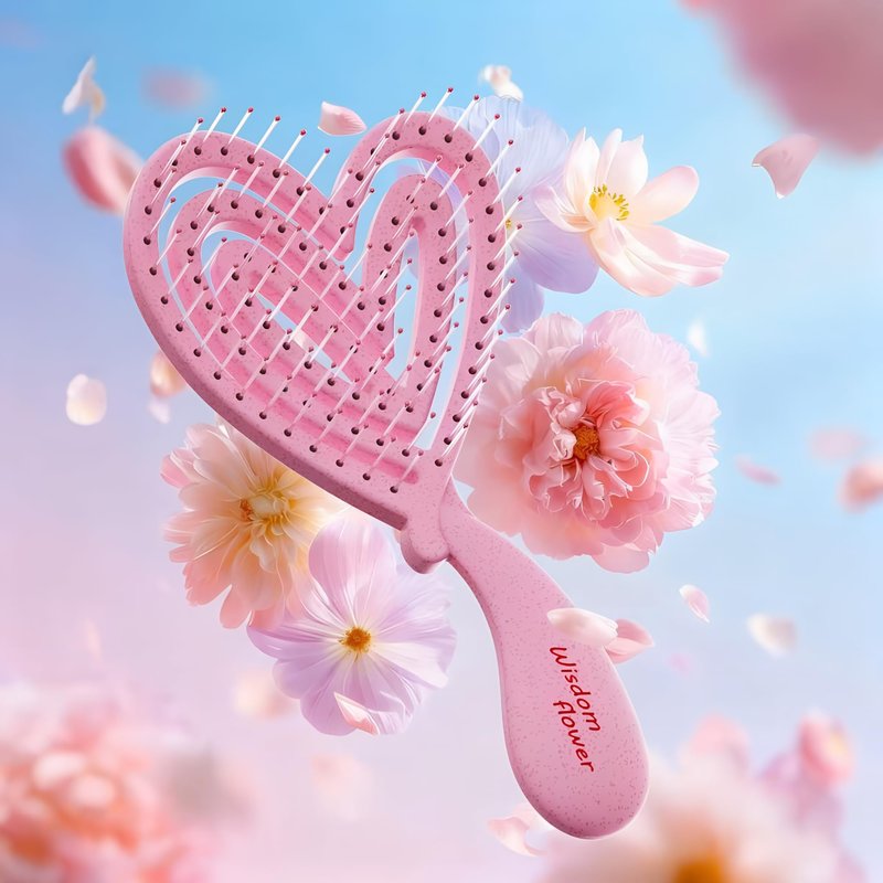 Wisdom Flower Detangler Brush – Heart-Shaped Detangling Brush for Curly, Wavy, Thick Hair – Sakura pink Hairbrushes for Women with Bowl-Curve, Flexible Bristles, Blow Dryer Safe, Small