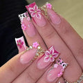 Medium Press on Nails Square Fake Nails French Tip Nails Press ons with 3D Flower Rhinestones Designs Leopard Acrylic Nails for Women 24Pcs