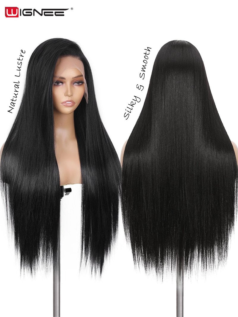 WIGNEE 13x6 Synthetic Lace Front Wig 28" Long Straight Wig Natural Black Kanekalon Futura Synthetic Wigs for Black Women Pre-Plucked Glueless Wig for Daily Party Use