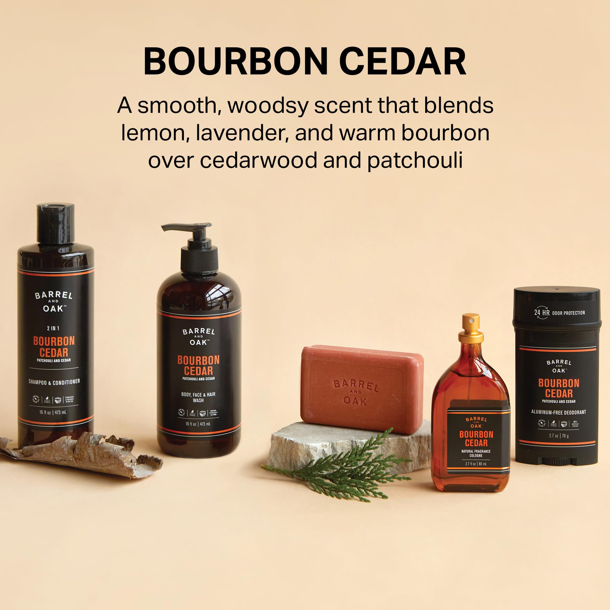 Barrel & Oak Bourbon Cedar Body Care Set for Men, All-in-One Body Wash, Exfoliating Bar Soap, & Aluminum-Free Men’s Deodorant, Vegan Grooming Kit, Gifts for Men, 3-Pack