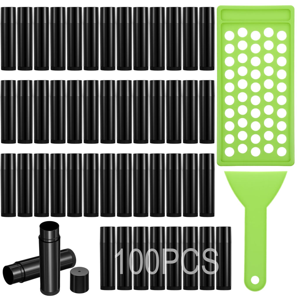 PercyEffie 100Pcs Plastic Lip Balm Tubes 5ml/5g lip balm tubes empty lips balms containers empty Black chastick containers with Filling Tray and Spatula, Rotating Type Refill Lips with Cap