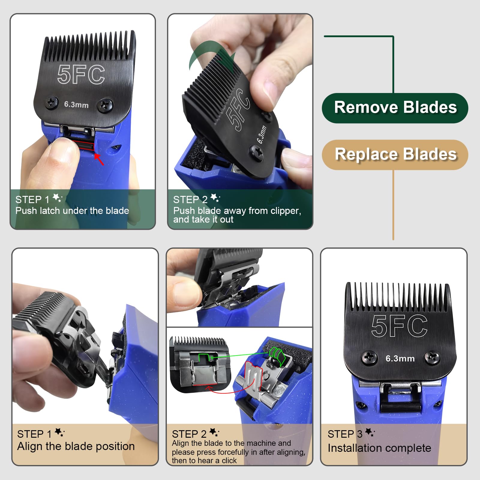 DODAER Detachable Stainless Steel Pet Blades Compatible with Andis & Oster A5 Grooming
