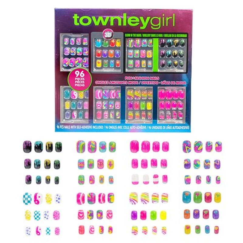 Townley Girl 96 Pcs Press-On Nails Including 3D and Glow-In-Dark Artificial False Nails Set for Tweens with Pre-Glue Full Cover Acrylic Nail Tip Kit, Great for Gifts