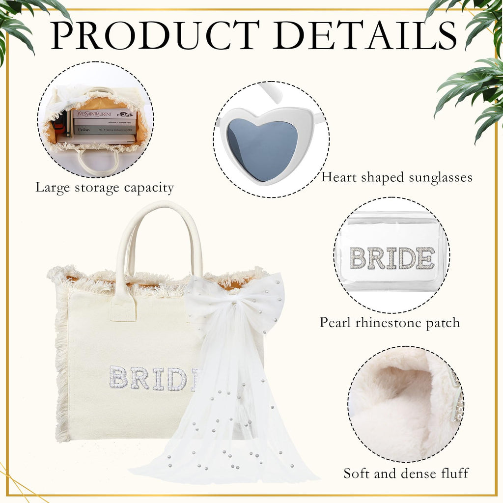 Blosssound 5 Pcs Bride Gifts Set Include Bride Bag Cosmetic Bag Sunglasses Slippers Hair Clip for Bridal Shower Engagement Weddings Bachelorette Party