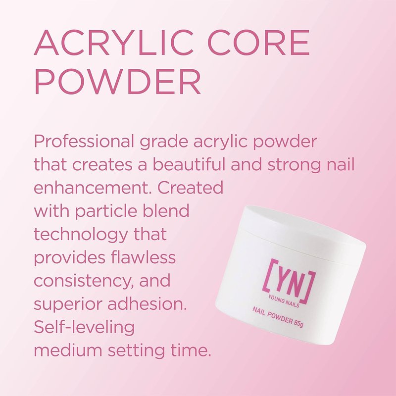 Young Nails Acrylic Core Powder - Professional Self-Leveling Nail Powder | Clear, Nude, Pink & White - 85g