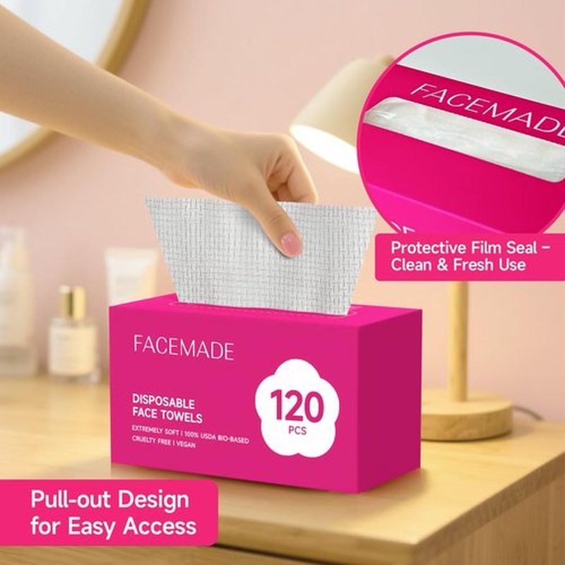 FACEMADE 120 Count Disposable Face Towels, 100% USDA Biobased Face Towelettes Disposable, Clean Facial Towels for Makeup and Clean Skin, Super Soft and Thick Dry Wipes Club