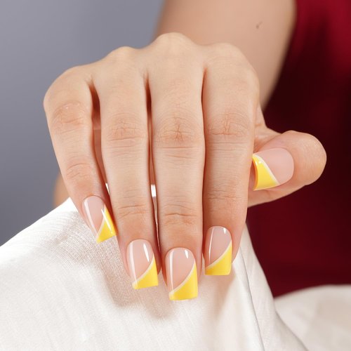 Plauva 150Pcs Short Press On Nails, French Tip Press On Nails, Soft Gel Stick On Nails Reusable Square Fake Nails for Women 15 Sizes, Pastel Curves