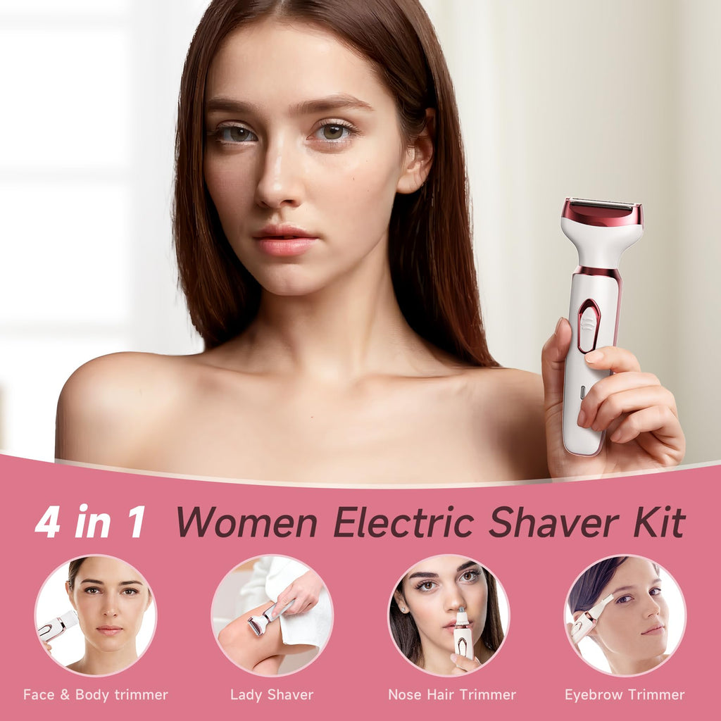 Electric Razors for Women - 4 in 1 Shavers, Pubic Hair, Legs, Arm, Underarm, Bikini, Face Shaver, Rechargeable Hair Removal Epilator, Birthday & Christmas Gifts