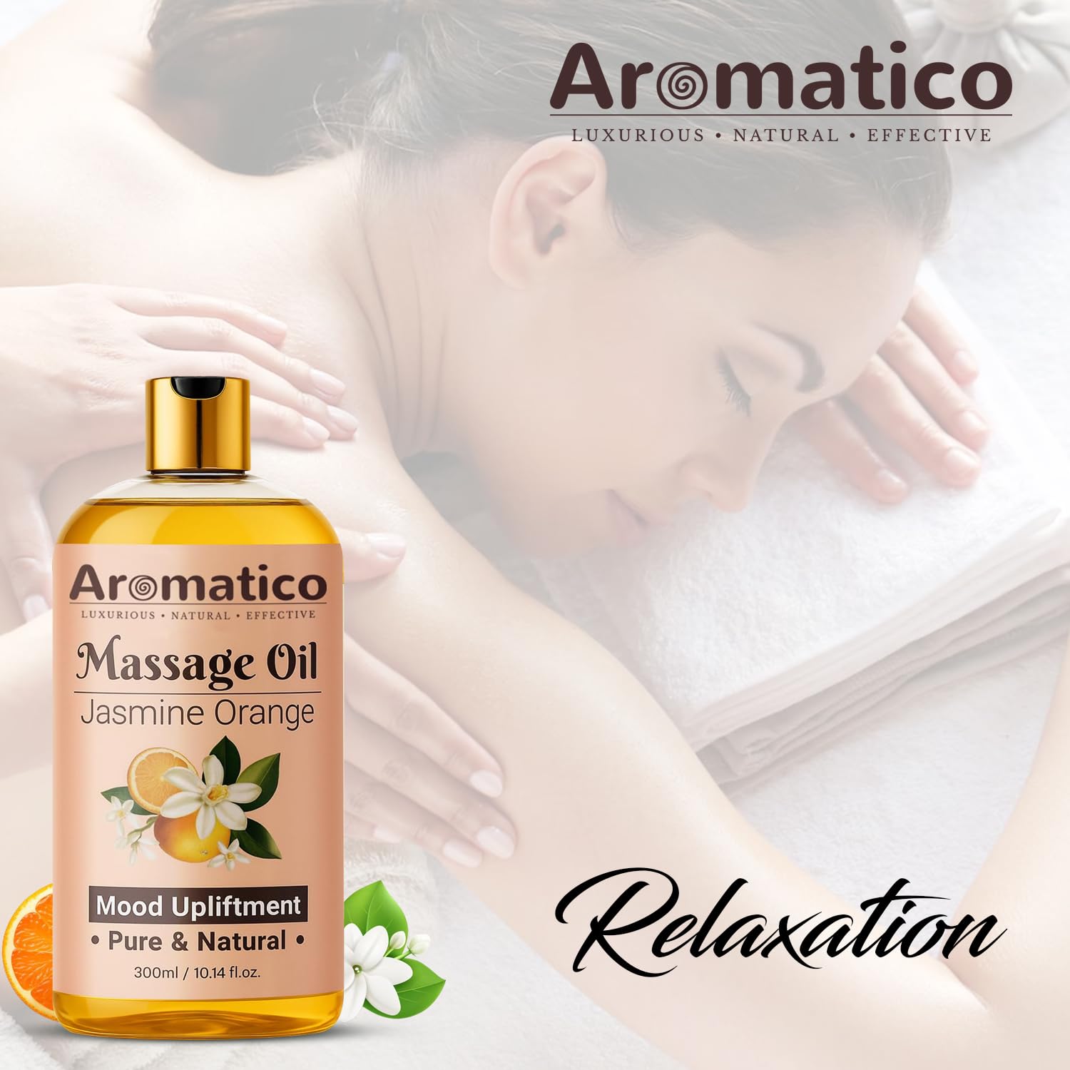 AROMATICO Massage Oil for Massage Therapy with Jasmine & Orange Essential Oils. Infused with Sesame, Almond & Jojoba Oils. Full Body Massage Oil for Mood Upliftment – 10 Fl Oz
