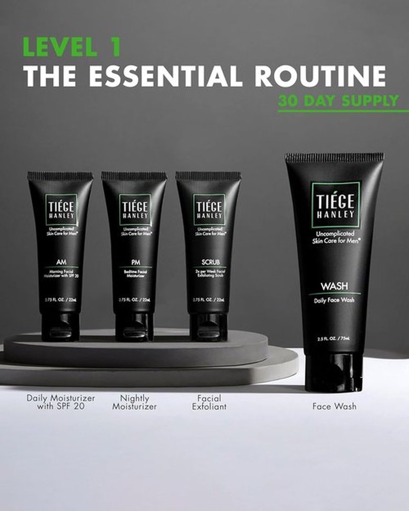 Tiege Hanley Skin Care Set for Men - Essential Daily Routine | 4-Piece System Level 1 with SPF Moisturizer