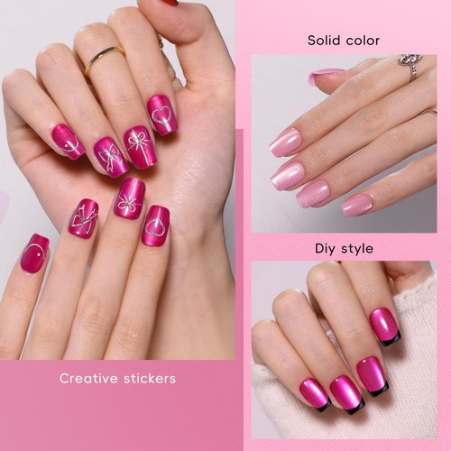 CUZIAM 150pcs Pink Cat Eye Press on Nails Short Square set, 5 Color Neon Hot Pink Galaxy Magnetic Gel Nails with Heart Nail Stickers for Valentine's Day, Pre-Builded Fake Nails Manicure Kit for Women