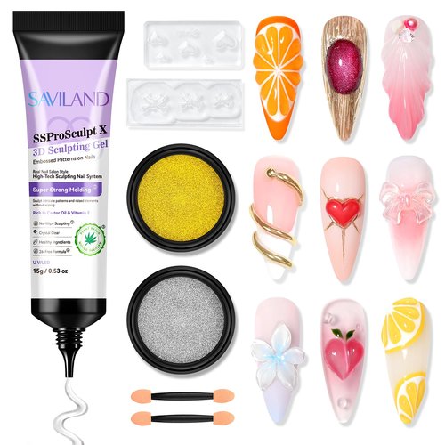 SAVILAND SSPro X 3D Nail Gel Kit: 15g No Wipe Clear 3D Sculpting Gel for Nail Art Design Molding Carving Drawing Sculpture and Decoration with Chrome Powder Silicone 3D Molds Home Salon DIY Nail Art