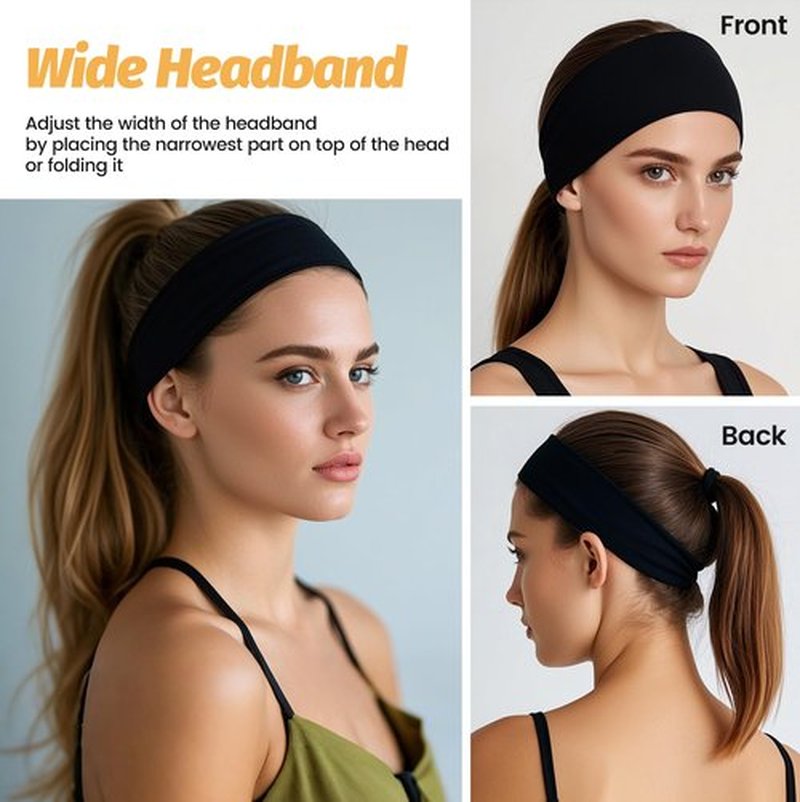 Headbands for Women - 6 Pack Wide Elastic Hairbands | Ultra-Soft Moisture Wicking Sports Headband | Non-Slip Accessories Bands for Fashion, Workouts, Yoga, Daily Use (6 Pack Black)
