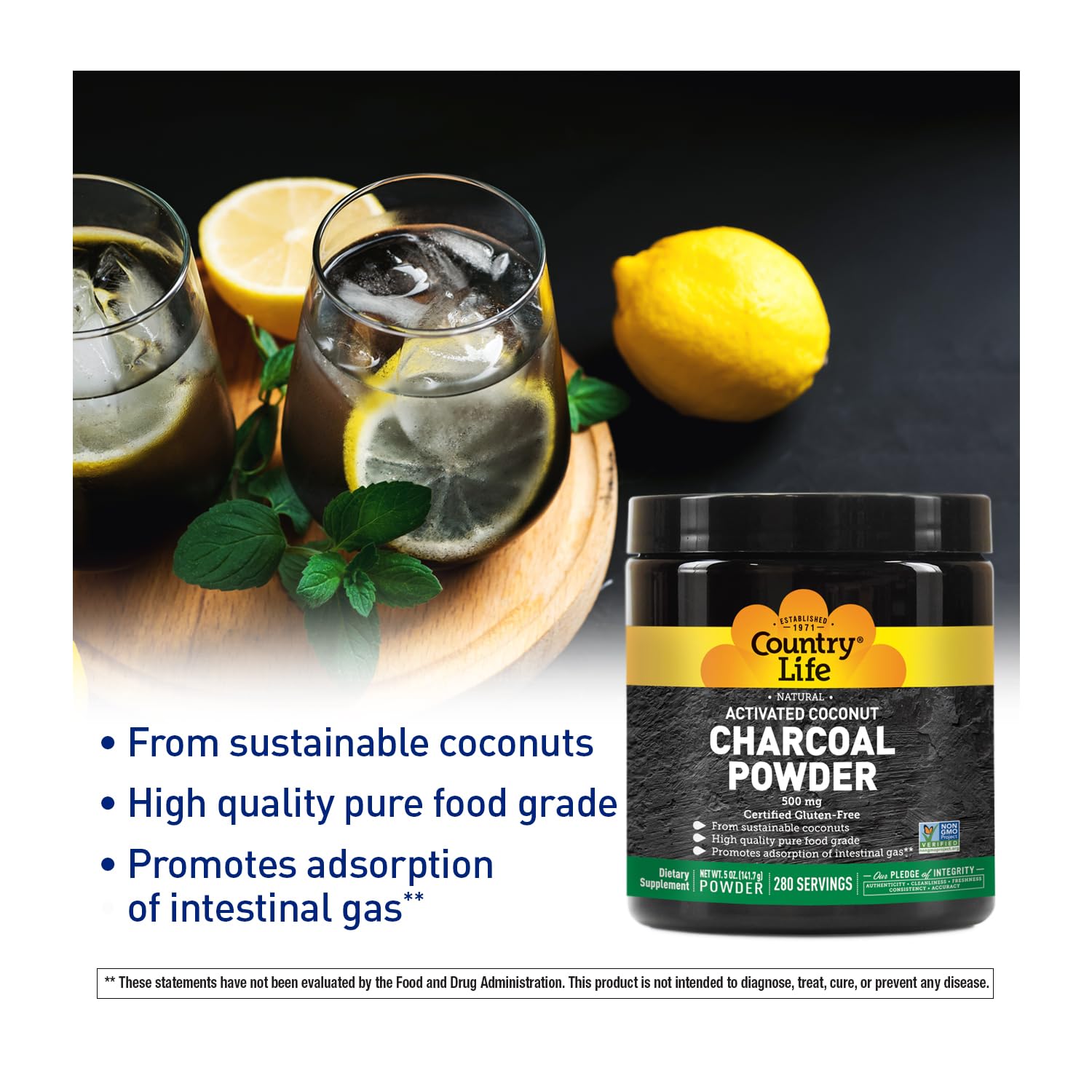 Country Life Activated Coconut Charcoal Powder 500mg – Natural Activated Charcoal for Digestive Health, Gas & Bloating Relief, DIY Uses - Non-GMO, Gluten-Free, Vegan, 5oz Powder