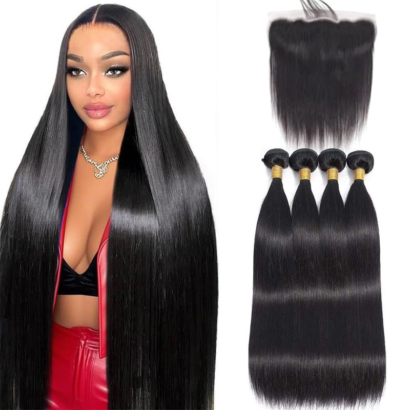 Yifute 16A Straight Bundles Human Hair with Closure 18 20 22 24+16 Inch, 100% Unprocessed Brazilian Virgin Human Hair, Weave 4 Bundles with Frontal 13x4 HD Lace Free Part for Women Natural Color