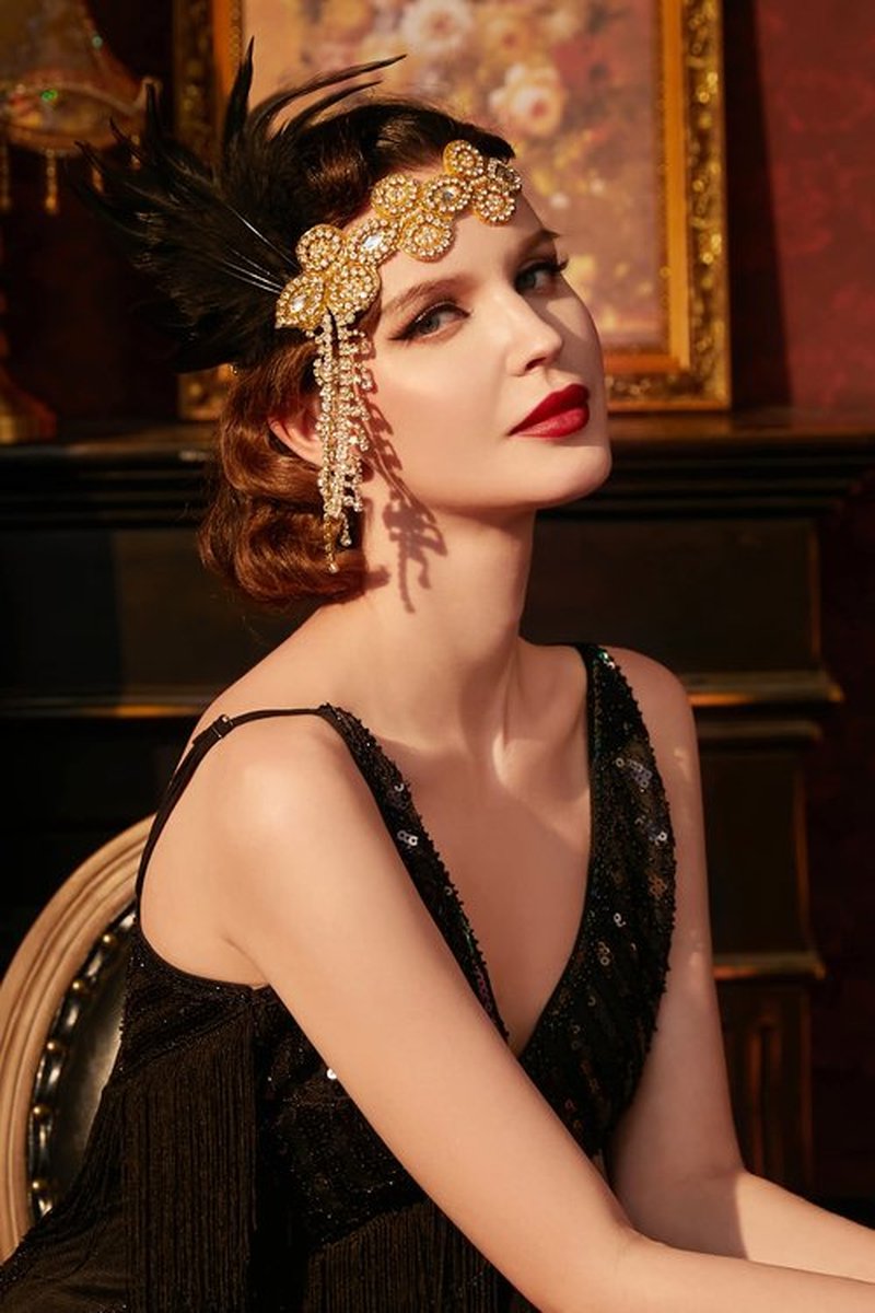 BABAEYOND 1920s Headpiece Flapper Headband - Feather Crystal Headpiece Flapper Accessories (Gold Black)