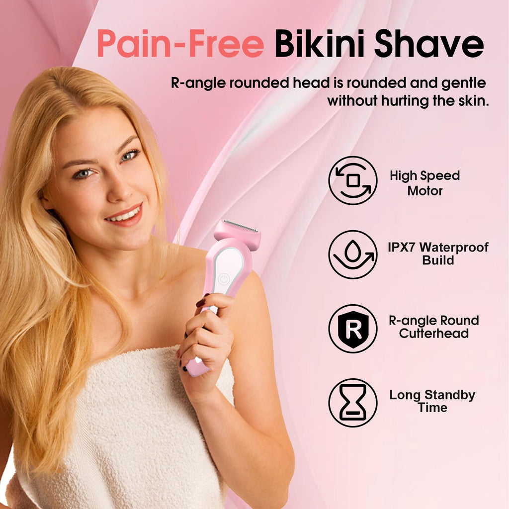 Bikini Trimmer for Women, 2-in-1 Electric Razors Dual Head, IPX7 Waterproof Body Hair Trimmer, Bikini Shave with Battery Level, USB-C, Wet Dry Use, Hair Remover for Legs Underarm Pubic Arm Chin Face