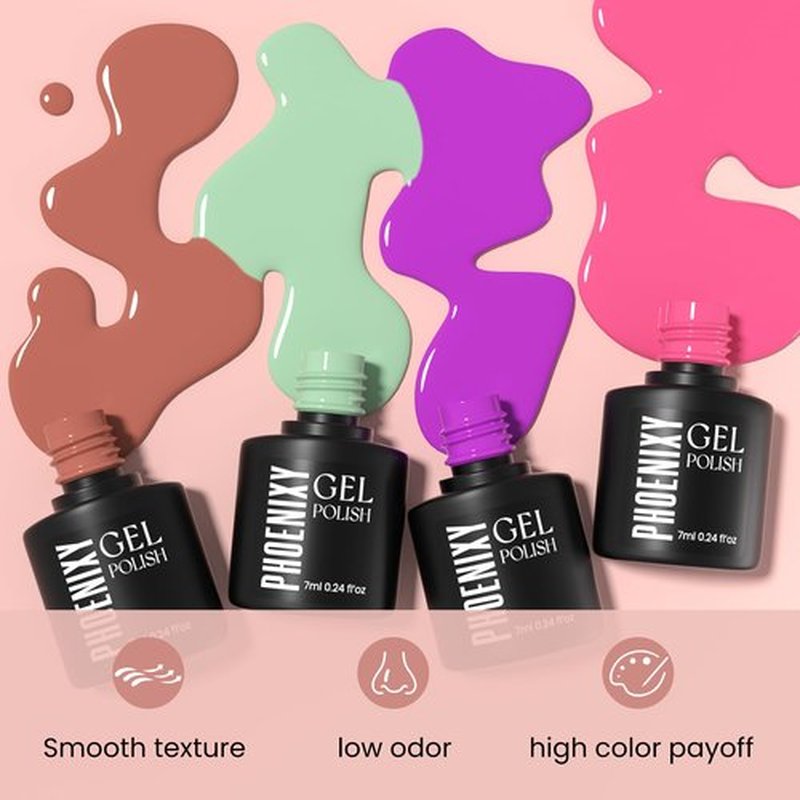 phoenixy 60 Pcs Gel Nail Polish Set, 54 Colors Soak Off Gel Nail Polish Pink Red Black Base Coat Glossy Matte Glitter Top Coats Beginner Starter DIY Gift for Women