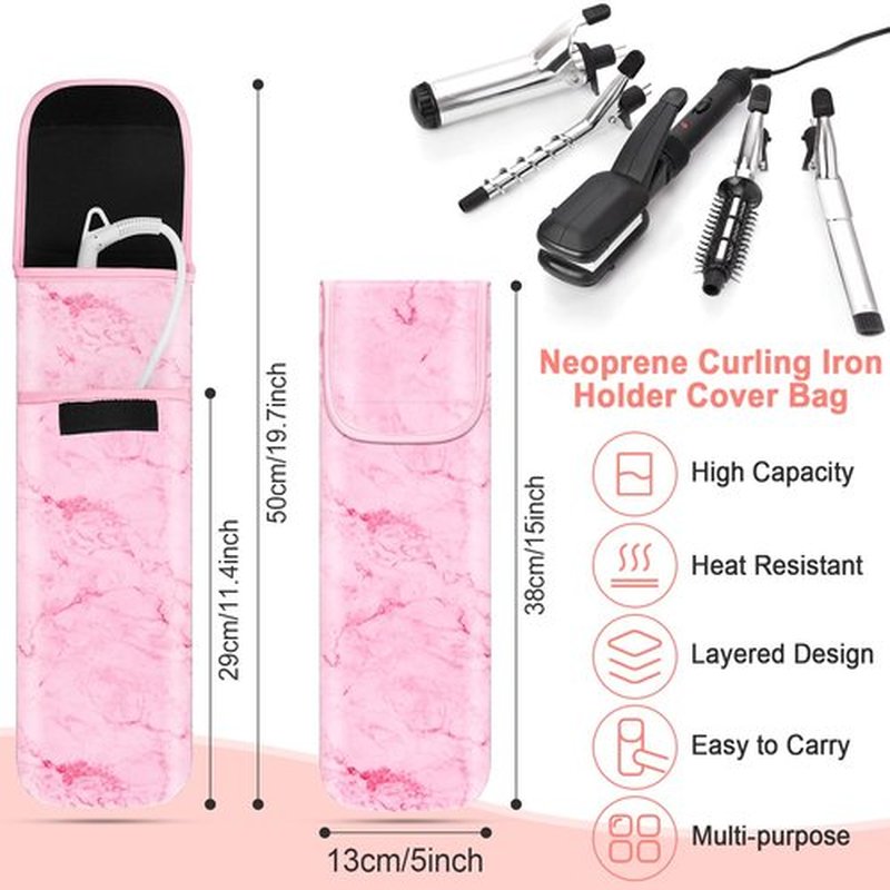 Shappy 2 Pcs Curling Iron Travel Case Cover Heat Resistant Flat Iron Holder Case Sleeve Neoprene Straightener Holder and Silicone Hot Hair Tools Mat Bag(Pink Marble Style)