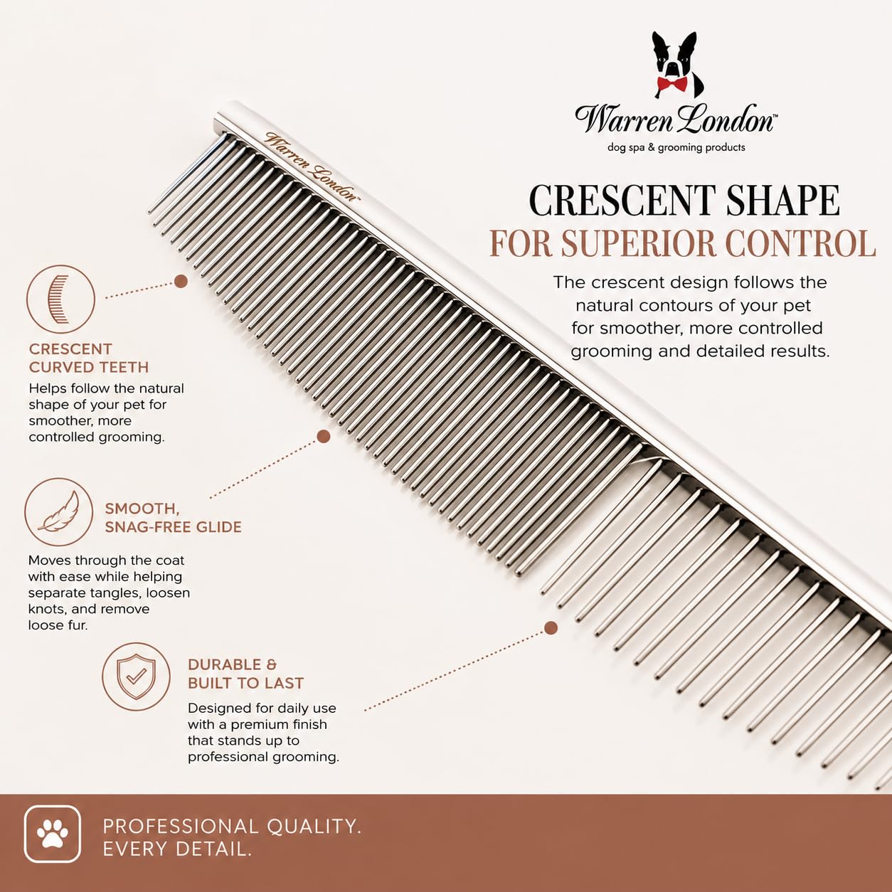 Warren London Copper Crescent Comb 6.5 Inch – Professional Dog Grooming Detail Comb with Curved Teeth – For Face, Legs, Tail, Ears, Paws, Mats, Tangles & Finishing – For Groomers & Pet Owners