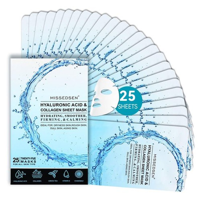 MISSEDSEN Collagen Face Mask with Hyaluronic Acid, Vitamin E Oil for Skin Care Hydrating, Moisturizing, Brightening & Anti Aging Face Masks Skincare for Oil, Dry, Acne, Sensitive All Skin Types 25PCS