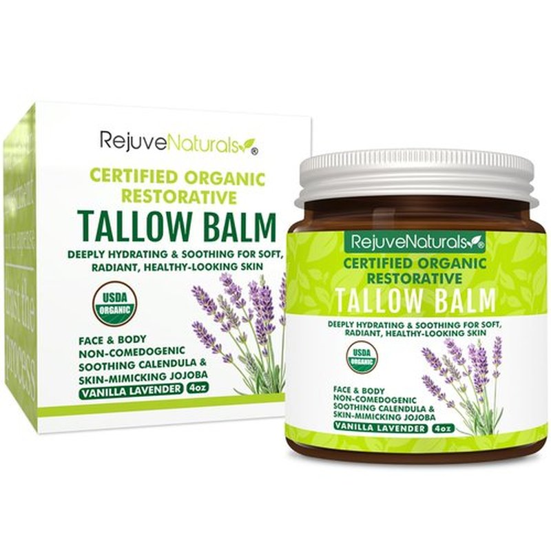 RejuveNaturals USDA Certified Organic Beef Tallow Balm, Large 4oz Glass Jar – Grass Fed & Finished Tallow with Beeswax & Jojoba Oil – Solid, Non-Comedogenic (Vanilla Lavender)