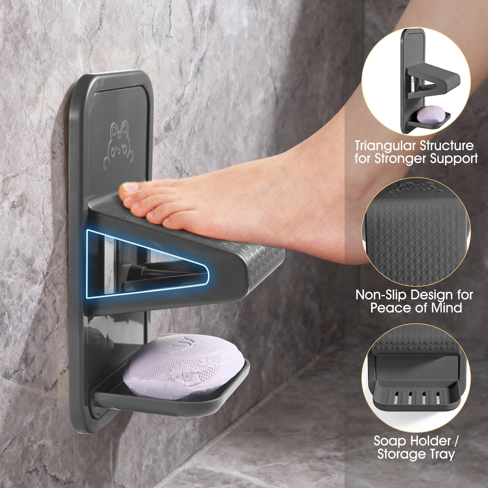 Shower Foot Rest, Shower Benches for Inside Shower to Sit On, Shower Stool for Shaving Legs - Thickened ABS Shower Foot Stool with Non-Slip Strip, Drainable Soap Box Storage（Dark Gray）