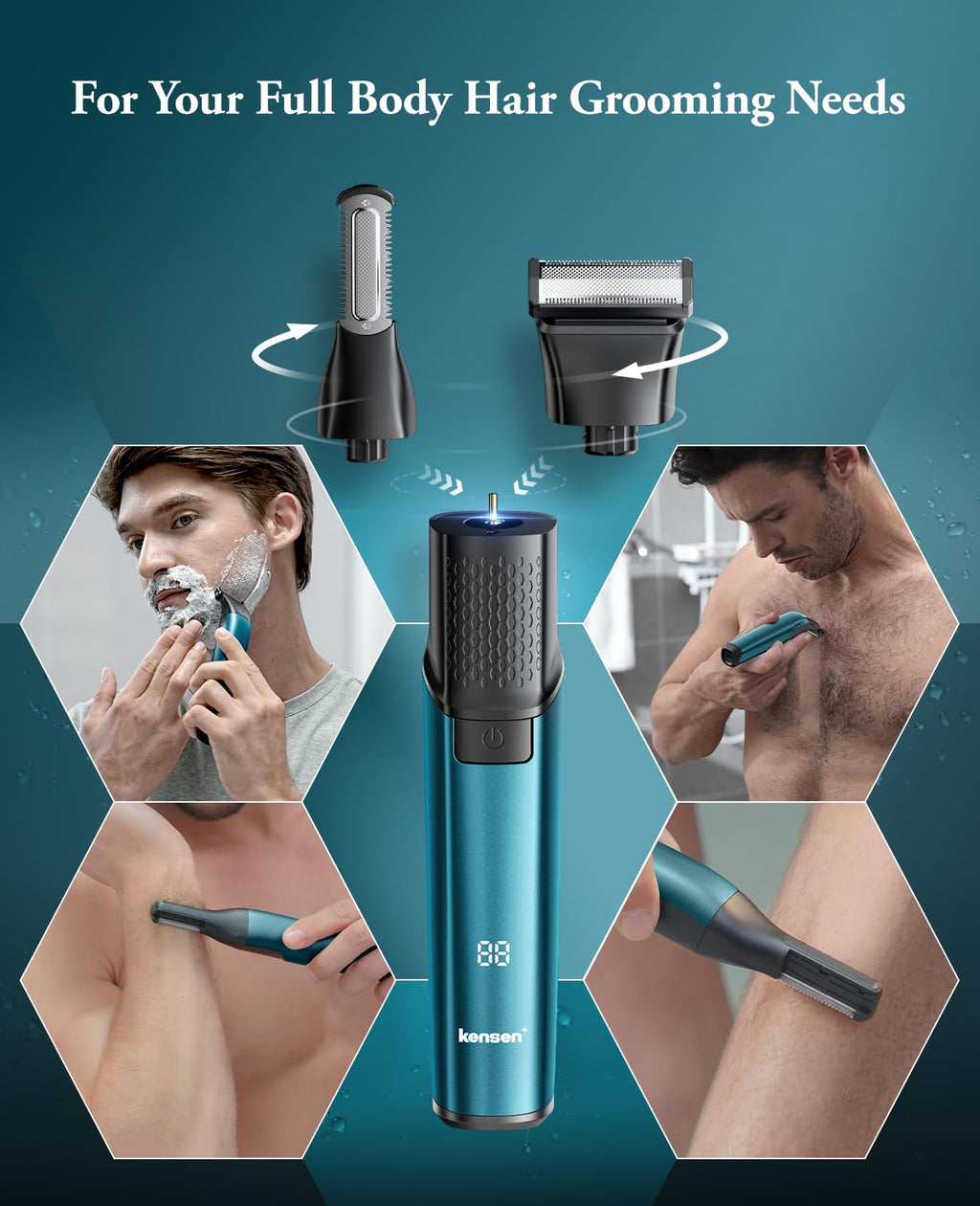 kensen Body Hair Trimmer for Men - 6.0 Upgraded Groin & Pubic Hair Trimmer, 2-in-1 Professional Dual-Head Body Shaver IPX6 Waterproof Wet/Dry Use Rechargeable Versatile Ball Shaver (Green)
