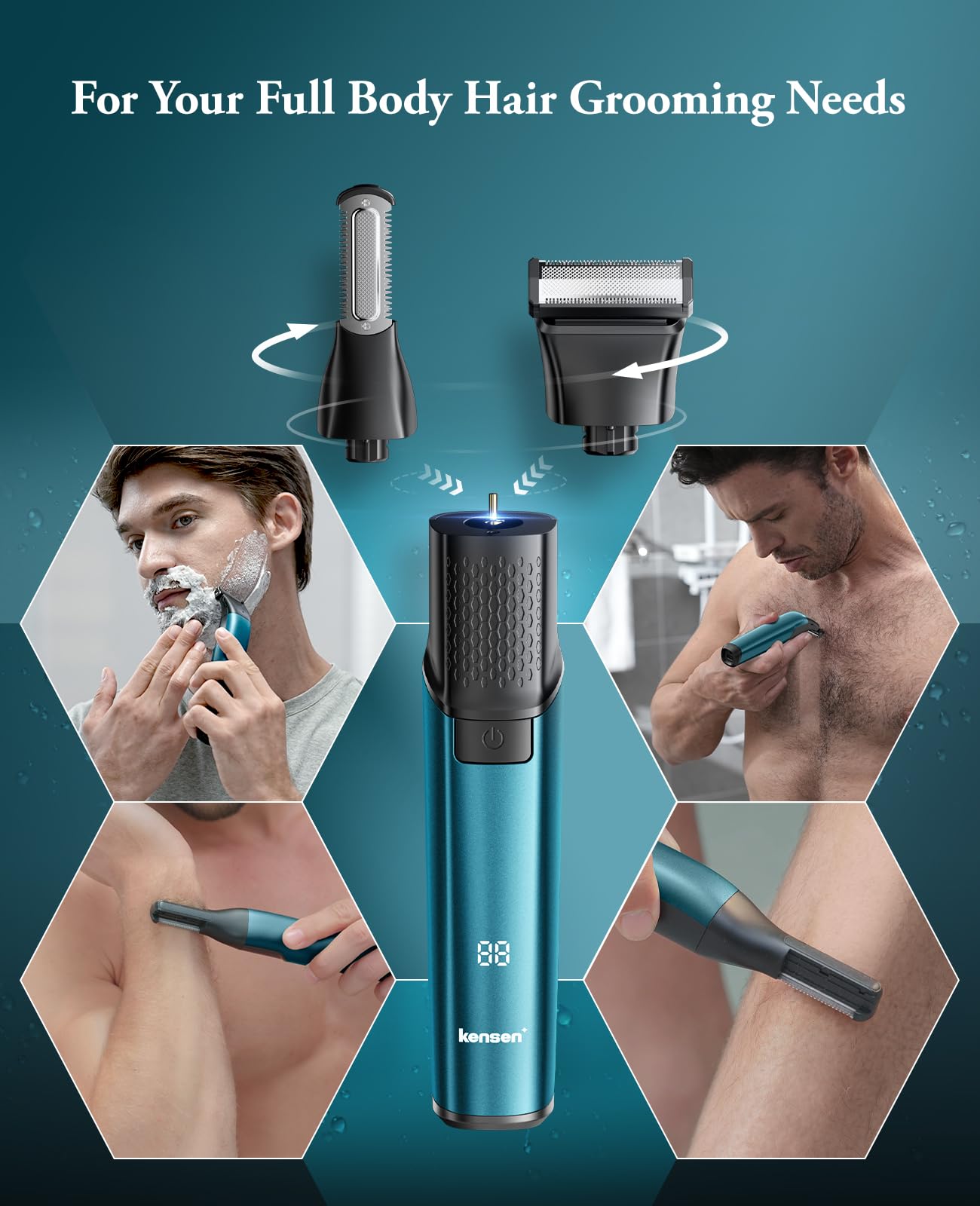 kensen Body Hair Trimmer for Men - 6.0 Upgraded Groin & Pubic Hair Trimmer, 2-in-1 Professional Dual-Head Body Shaver IPX6 Waterproof Wet/Dry Use Rechargeable Versatile Ball Shaver (Green)