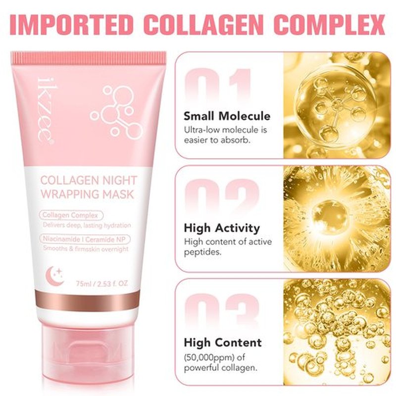 IKZEE Collagen Night Wrapping Mask, Collagen Overnight Peel Off Facial Mask, Hydrolyzed Collagen Face Mask