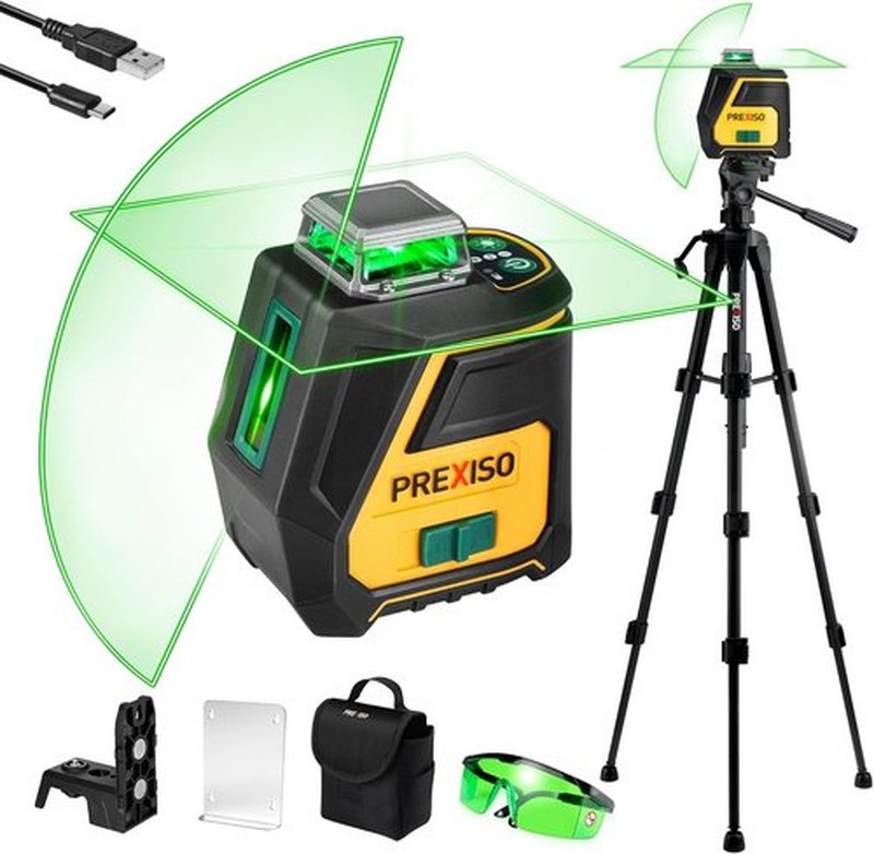 PREXISO 360 Laser Level - Rechargeable Green Vertical Line Laser with Tripod | 100Ft Range & 3 Brightness Settings