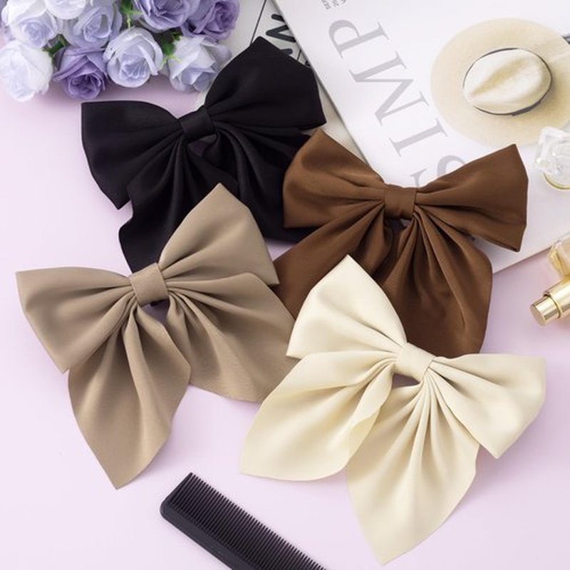 Incinkod 4 Pcs Hair Bows for Women, Short Tail Bow Hair Clips, Cute Silky Satin Womens Hair Bows, Bow Clips for Women (Black, White, Dark Brown, Light Brown)