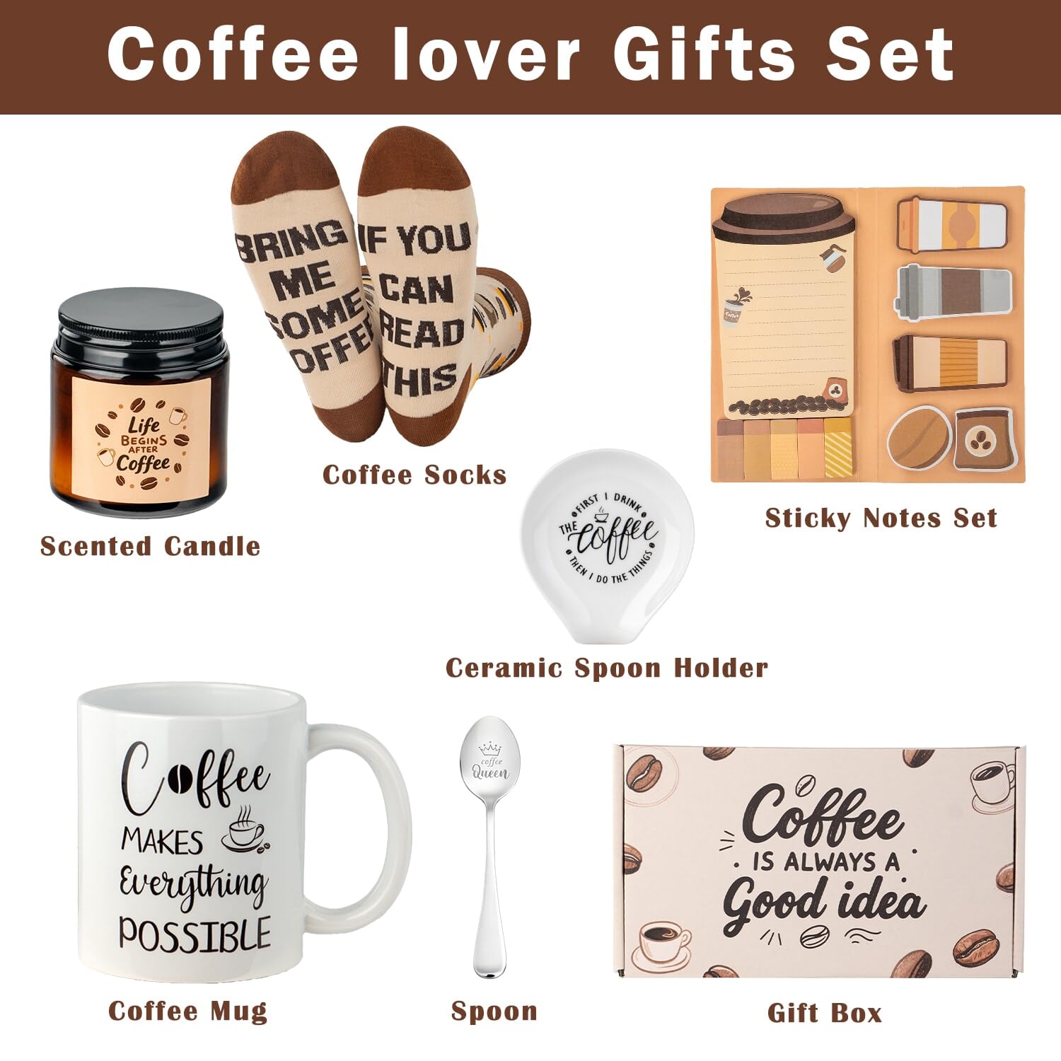 Ithmahco Coffee Lover Gifts for Women Men - Includes Mug Spoon Rest Holder Candle Socks Sticky Notes Set, Coffee Gift Basket for Birthday Mothers Day Galentines Valentines Day Christmas Gift Ideas