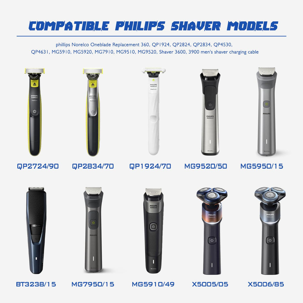 5V USB Charging Cable Compatible with Philips One Blade QP2724 Charger Cord for Phillips Norelco Oneblade 360, QP1924, QP2834, MG5910, Shaver 3600, 3900, 2 Packs Beard Trimmer Power Cord for Travel