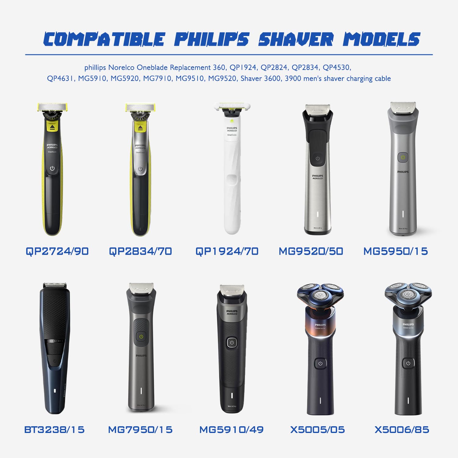 5V USB Charging Cable Compatible with Philips One Blade QP2724 Charger Cord for Phillips Norelco Oneblade 360, QP1924, QP2834, MG5910, Shaver 3600, 3900, 2 Packs Beard Trimmer Power Cord for Travel