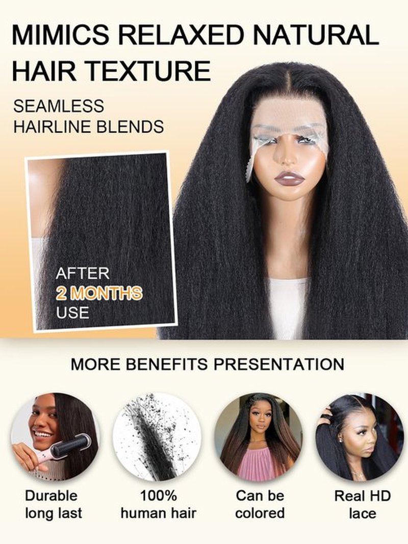 ALLWIN KinkyStraight Human Hair Wig for Black Women 22 Inch, 180% Density Yaki Straight Human Hair Wig Pre Plucked 13x4 HD Transparent Glueless Kinky Straight Lace Front Wig Natural Color