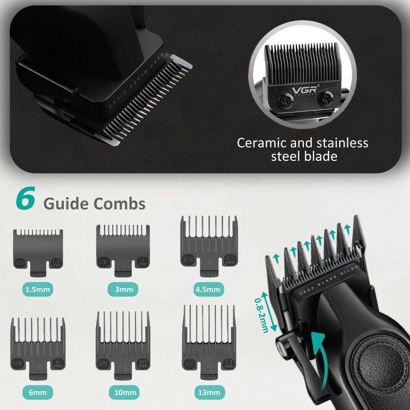 VGR 197 Professional Hair Clippers for Men, Cordless & Corded Barber Clippers with Ceramic Stainless Steel Blades, LED Indicator, Hair Cutting Kit with 6 Guide Combs & Grooming Accessories