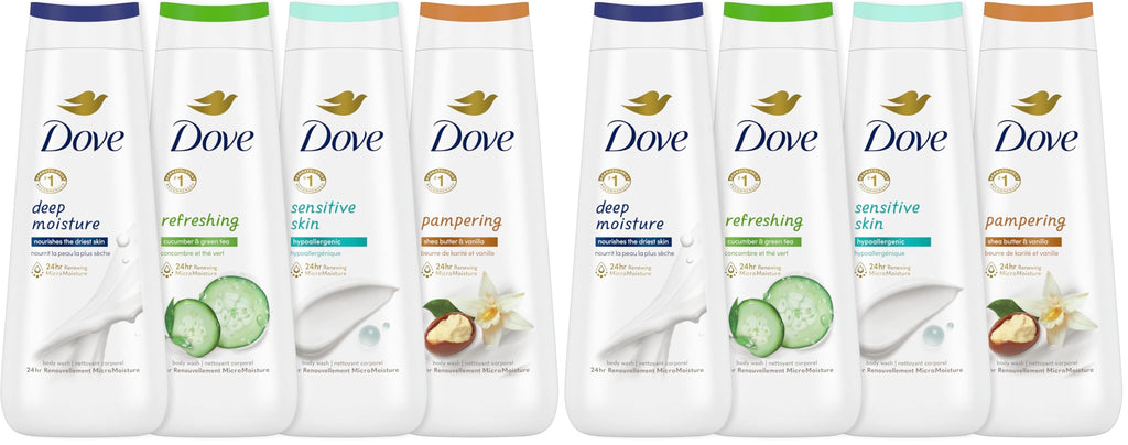 Dove Body Wash Deep Moisture,Sensitive Skin,Cucumber and Green Tea,and Shea Butter & Vanilla Collection Skin Cleanser with 24hr Renewing MicroMoisture 20 oz,(Pack of 8)