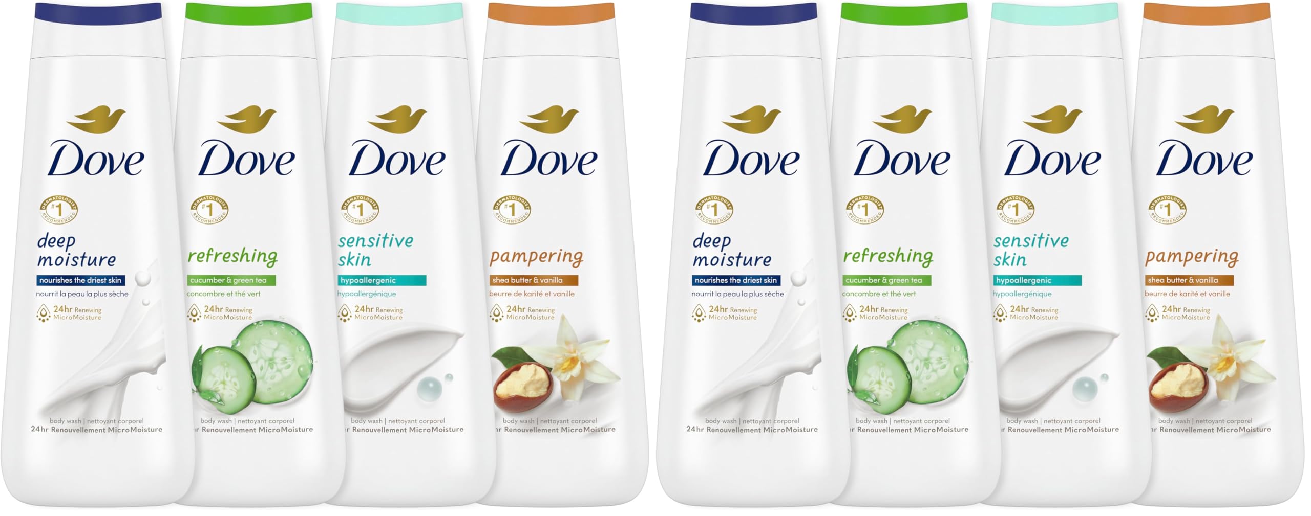 Dove Body Wash Deep Moisture,Sensitive Skin,Cucumber and Green Tea,and Shea Butter & Vanilla Collection Skin Cleanser with 24hr Renewing MicroMoisture 20 oz,(Pack of 8)