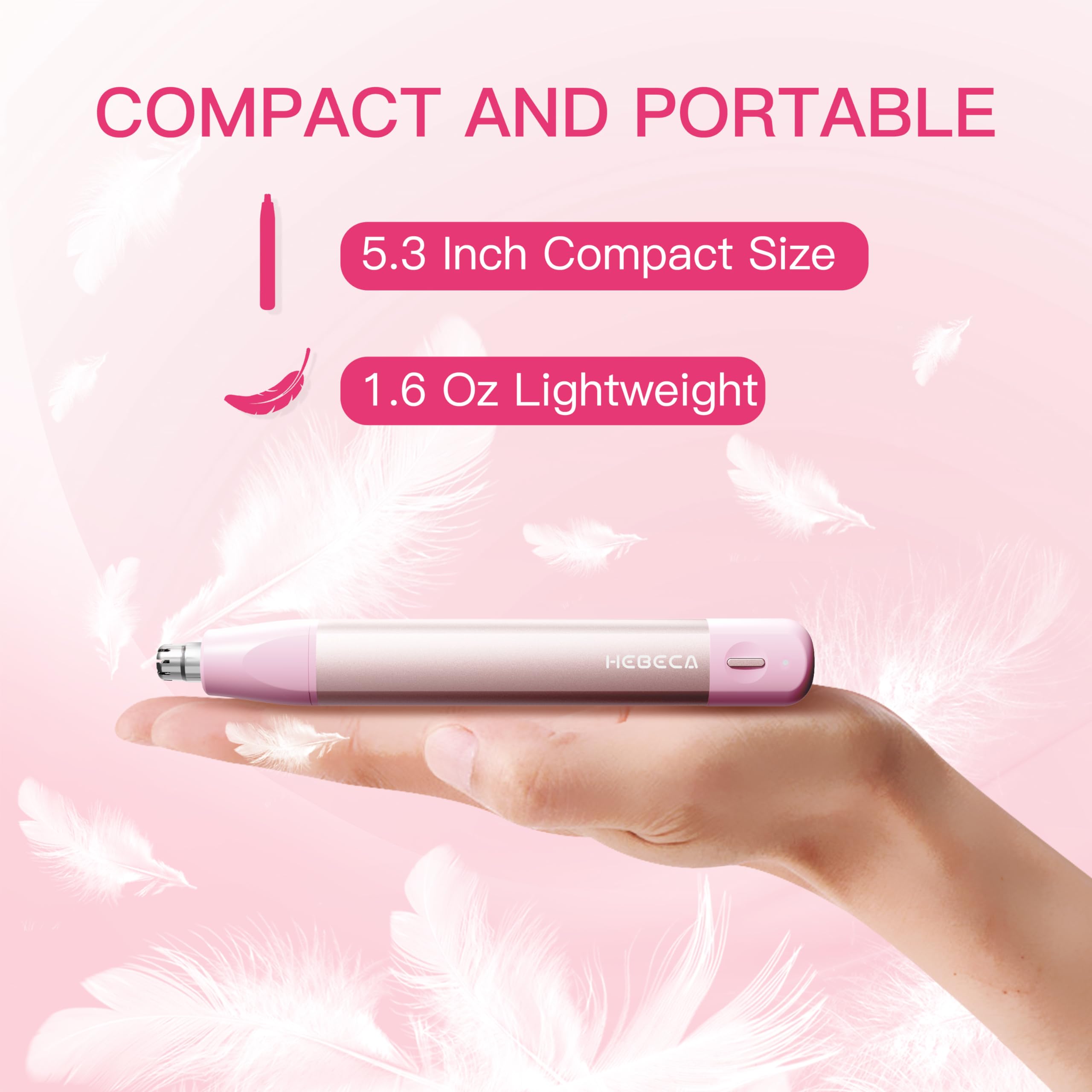 HEBECA Nose Hair Trimmer for Women 3in1 Facial Hair Removal Trimmer - Metal Body, Rechargeable, Waterproof, Portable - Nose, Ear, Eyebrow, Peach-Fuzz, Lips, Chin (Pink)