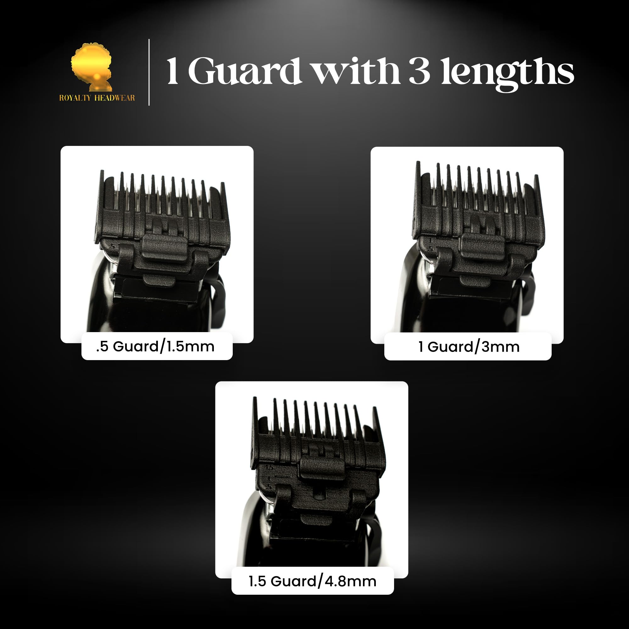 Royalty Headwear Professional Hair Clipper Guards Cutting Guides - Fits All Wahl & Babybliss Clipper Trimmers - 3 Adjustable Lengths in 1 Guard (1.5mm, 3mm, & 4.8mm)