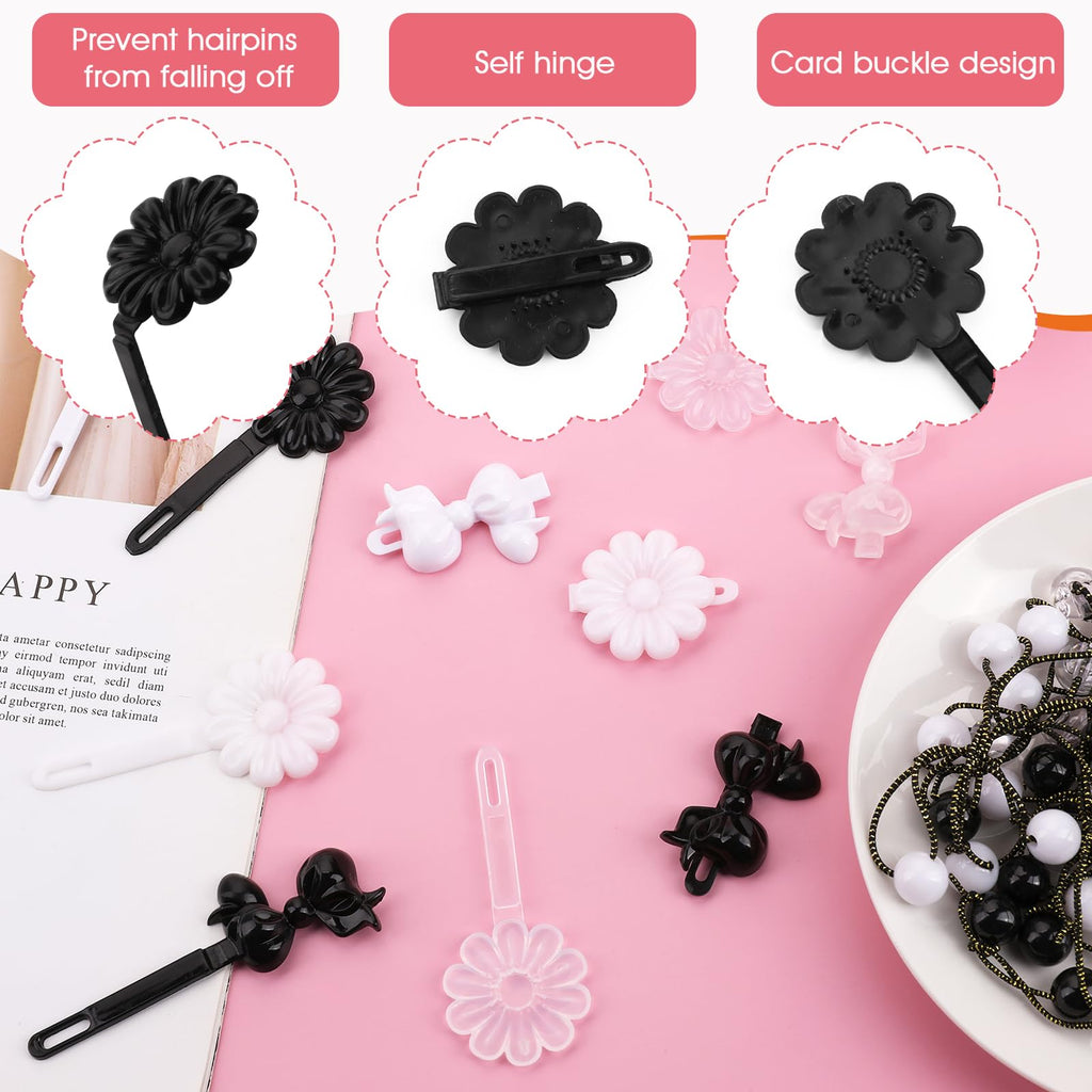 Yolev 72 Pieces Self Hinge Plastic Hair Barrettes for Girls Bowknot and Flower Hair Clips Cute Hair Barrettes 80s 90s Hair Barrette Hair Clip for Girls (Black/White/Transparent)