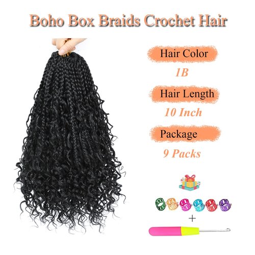 9 Packs Boho Box Braids Crochet Hair 10 Inch Goddess Box Braids Crochet Hair With Curly Ends Pre Looped Synthetic Bohemian Braid Hair Extensions For Women (10 Inch, 1B)