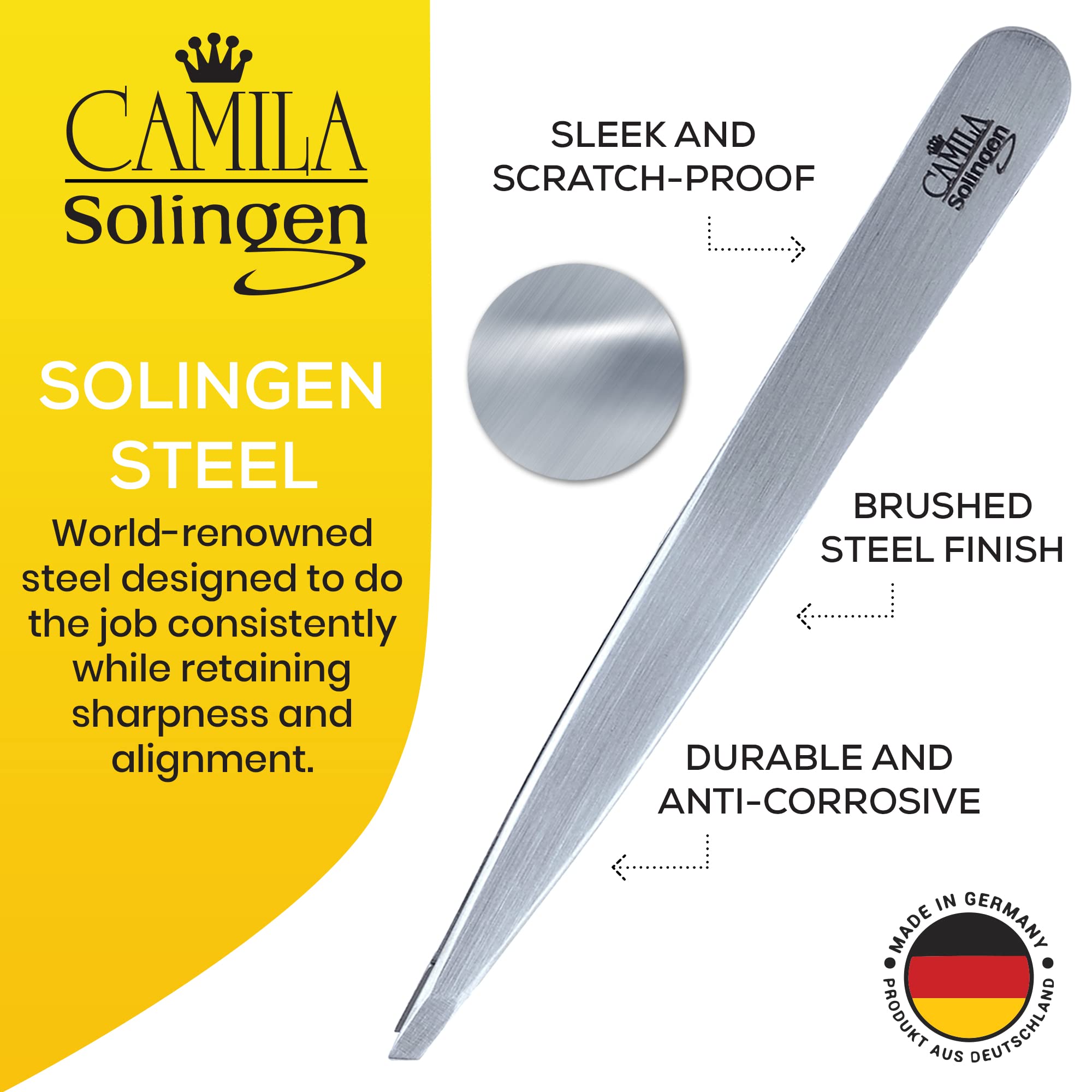 Camila Solingen CS25 4" Professional Surgical Grade Stainless Steel Precision Tip Eyebrow Tweezers for Facial Hair Shaping & Removal. Beauty Tool for Men/Women. Made in Solingen Germany (Slanted)