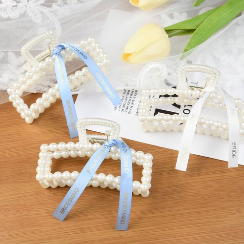 8 Pack Pearl Bride Hair Clips with White and Blue Ribbon Bachelorette Gifts for Bridesmaid Large Bridesmaid Hair Accessories for Wedding Party Favors (White&Blue)