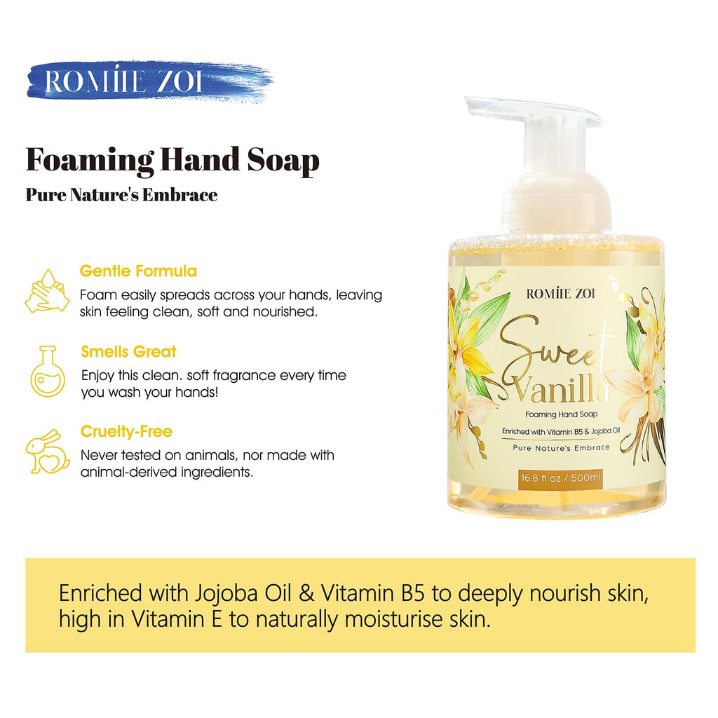 ROMIIE ZOI Foaming Hand Soap with Gift Box- Sweet Vanilla - Biodegradable Formula Moisture & Revitalize - 500ml/ 16.8oz